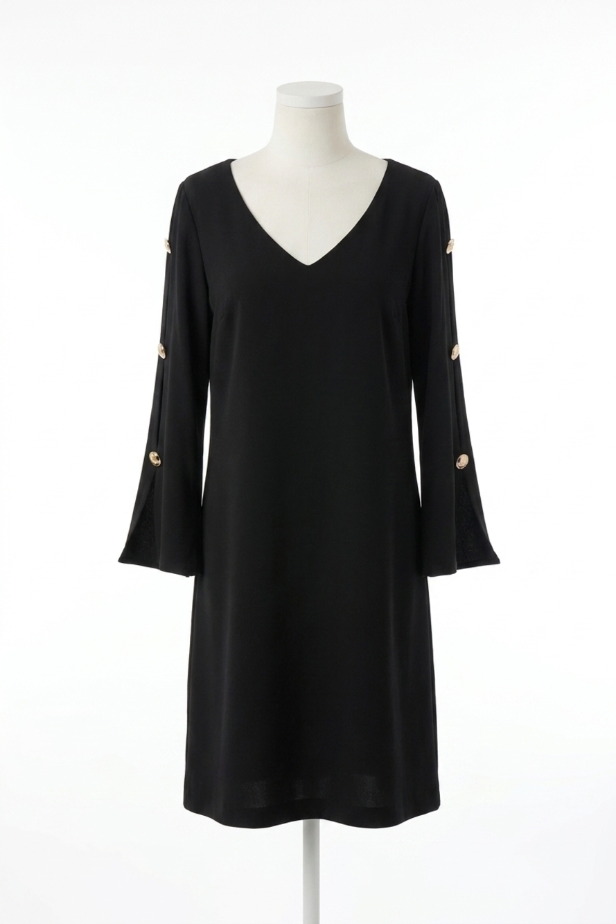 NEW JOSEPH RIBKOFF button accent slit sleeve shift dress in black gold